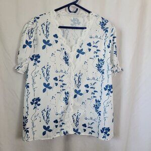 Blouse NEW sz 16 Blue White Floral lace cottagecore BOHO Feminine dressy lace